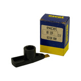 Part alongside original Excel box; box is blue and yellow with 'excel / excellence in auto parts' branding; front label clearly reads 'excel / XR 109 / ROTOR ARM'; batch/date code '01.08 FR 05' printed vertically on box side; box shows minor corner crushing and edge wear consistent with shelf storage.