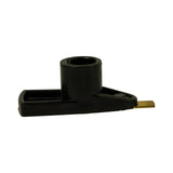 Front profile of rotor arm on white background; full length of plastic body and brass blade tip visible; spring clip tab visible inside shaft bore from this angle.