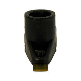 Top-down view looking into shaft bore; keyed/slotted bore with small spring-steel retention clip visible inside; carbon contact button at centre of bore top.