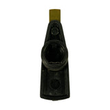 Top-down view of arm side showing brass blade and small circular moulded marking with number '2' on base; carbon contact button visible in bore.