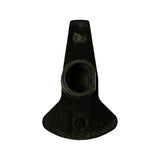 Front face of rotor (flat base side up), showing broad flanged/trumpet-shaped skirt, central boss bore opening, and round recessed locating depression at base of skirt. Surface is matte black moulded phenolic.