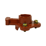 Side-profile view of rotor showing height of central shaft socket dome and two of the three brass contact screws protruding from mounting pads. Rotor body finish is glossy red-brown.
