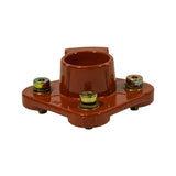 Front-face view (as mounted on distributor shaft), showing three brass contact screw heads arranged in triangular pattern around central socket. Small moulded locating studs visible on body underside edges.