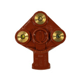 Top-down plan view of underside contact face. Three large flat brass contact terminals clearly visible. Central carbon-contact pip in slotted recess. Moulded markings including Bosch roundel and faint production codes on stem face.