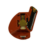 Bottom-up view showing interior of rotor arm channel; brass contact strip assembly, spring-loaded centre contact pin (white nylon insulator), and carbon/metal tip of rotor arm clearly visible.