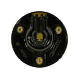 Top-down overhead view of rotor; shows central U-shaped rotor arm channel with gold-coloured wiper blade contact, three brass mounting bolt heads at 120-degree spacing, 'BOSCH' text moulded into base plate at lower-left, partial part number text visible at right edge, keyway slot visible at base.