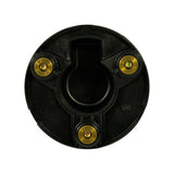Underside view of rotor; shows the hollow distributor shaft bore with D-shaped keyway for anti-rotation alignment, three brass spring-clip contact studs at 120-degree spacing on underside flange, reinforcing rib structure around bore.