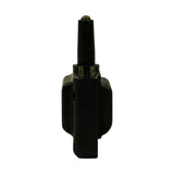 Top-down view of coil showing the tapered HT tower and two low-tension spade terminals side by side on top face of body.
