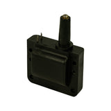 Left-side profile of coil showing depth of flanged mounting plate, side-mounted low-tension spade terminal, and tapered HT tower angle.