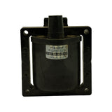 Straight-on front view showing square mounting bracket frame with cylindrical coil body centred within it; Diamond label fully readable; single HT tower at top centre; label shows surface cracking consistent with age.