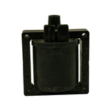 Straight-on rear view showing square bracket frame, cylindrical coil body with HT tower and two-pin connector at top; coil body surface shows fine cracking to outer casing, no structural damage.