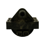Top-down view looking into the bracket; HT tower bore visible at top centre; two-pin connector block visible at bottom; bracket mounting holes visible at corners.