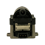 Direct front elevation of part. HT output tower visible at top centre of coil winding; 3-pin square connector on module clearly shown; cast metal mounting bracket visible.