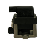 Right-side profile of part. Shows overall depth of coil body, module height, and one side of the flat metal mounting flange.