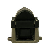 Rear elevation of part. Underside of coil winding and rear face of metal bracket visible; stamped markings partially visible on bracket but not clearly legible.