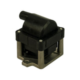 Three-quarter rear-right view without module connector facing camera. Shows reverse face of ignition module housing and opposite side mounting tab on bracket.