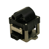 Three-quarter front-right isometric view. Both coil winding and module connector clearly visible from this angle, showing the spatial relationship of the two components on the bracket.