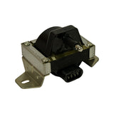 Coil unit removed from box, three-quarter view. Black epoxy coil body on steel mounting bracket with two slotted feet; HT tower with central stud terminal at top; 3-pin black plastic connector at lower right; four fixing screws visible securing coil body to bracket.