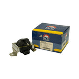 Part and box together — three-quarter overview shot showing scale relationship. Box label fully legible; coil sits in front of box, connector facing camera.