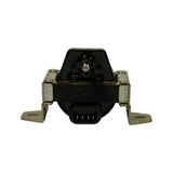 Front-on view of coil showing symmetrical dual-foot bracket, central HT stud terminal at apex of coil body, and 3-pin connector centred below the bracket.