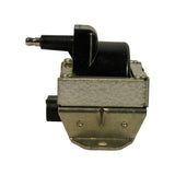 Side profile showing HT output tower projecting horizontally from coil body, single bracket foot visible with slotted mounting hole, and partial view of low-tension connector at base.