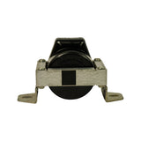 Rear face of coil body. Moulded marking reads 'PBT-GF30' and '12V' on the black housing. Metal bracket and second slotted mounting foot clearly visible. Small adhesive label patch on bracket centre.