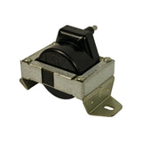 Opposite three-quarter rear view reinforcing PBT-GF30 / 12V moulding on housing and slotted mounting holes in bracket feet. HT output stud visible at upper left.