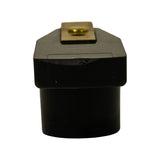 Tip-end elevation looking along the brass conductor toward the body, showing rivet head and squared blade end