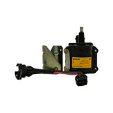 Side view of the coil mounted on its bracket showing yellow label with part number 0 980 AG0 706, 'Replaces 710&726' notation, 'Made in China' marking with batch code 566, plus the 2-pin connector end of the harness adapter
