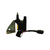 Opposite side view of the coil and bracket assembly with the harness adapter pigtail in foreground, showing the HT (high-tension) tower, primary connector socket, and bracket mounting hole