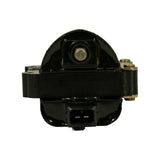End-on view down the coil body showing the dome-shaped HT tower with central spring-loaded HT terminal and the rectangular 2-pin low-tension primary connector socket on the opposite face