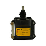 Front face of the coil showing full yellow Bosch label detail, HT tower rising vertically, two side mounting tabs with screws, and four bolt holes around the perimeter for bracket attachment