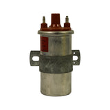Top-three-quarter view showing both LT screw terminals flanking the central HT tower, partial red Bosch label visible, mounting strap with two flat tabs and securing screw
