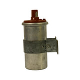 Side profile showing full height of the can, mounting strap with single L-bracket foot on right side, screw clamp tightening the strap
