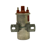 Rear view showing the back of the red Bosch label, two LT screw terminals at top, and the dual-flange mounting strap with the clamping screw running between the two bracket tabs