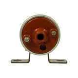 Top-down view of red coil cap showing terminal markings '+15' and '1/-' for primary connections, central HT tower socket, and small breather/index nub