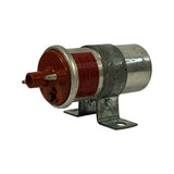 End-on view showing the central HT tower with retaining clip slots in the red cap, label fully readable: 'Zündspule für Transistor-Zündanlage / TCI-ignition coil / Bobine pour allumage transistorisé / Made in Brazil / Ind. Brasileira'