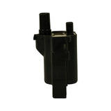 Side-edge profile showing the compact height of the unit. Two HT towers visible at top (primary and secondary), and the 2-pin connector at base. No brand markings visible on this face.
