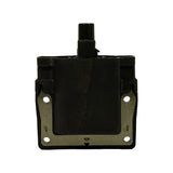 Rear face view showing metal base plate with four oval mounting holes. Black epoxy-filled coil body with rounded profile and partial mounting tabs. No additional markings visible on this face.