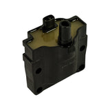 Three-quarter rear-left view showing amber epoxy face, large HT tower with rubber boot stub, 2-pin connector, and CT11 M117 stamping on the black lower housing skirt. Metal side flanges with mounting holes visible.