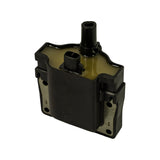 Three-quarter front-right view showing opposite flange and amber epoxy top surface, 2-pin connector front-facing, and large central HT tower. Mounting flanges with holes visible on both sides.