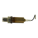 Side profile of sensor laid horizontal, showing brass body length, hex installation nut, ceramic insulator at the wire end, and protective cap over the probe