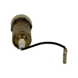 Close-up of the wire-end of the sensor showing batch code 16994 stamped on the brass shoulder, ceramic insulator, and black single-wire pigtail with male spade terminal