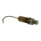 Three-quarter view of the complete sensor, brass cylindrical body with hex nut and protective cap on the probe end