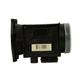 Side view of the sensor showing the embossed ACA logo, 'MASS AIRFLOW SENSOR PAT PEND' text, barcode label, integrated electrical connector and protective clear cap on the outlet tube