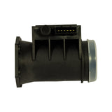 Top view showing the 5-terminal electrical connector, ribbed cooling fins on the electronic module, embossed FLOW direction arrow on the body, and bypass air tube