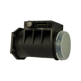 Three-quarter top-rear view showing the bolting flange end, FLOW arrow, electrical connector and outlet tube fitted with a clear plastic protective cap