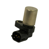 Sensor out of box, three-quarter view: metal cylindrical pickup head, plastic mounting flange with single bolt hole, and integrated 2-pin male connector