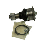 45-degree side view of ball joint body and hardware bag. Flanged pressed-steel housing visible, black rubber boot around ball stud, castle nut fitted to threaded stud. Snap ring and grease nipple shown separately in bag.