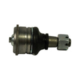 Lateral profile of ball joint showing full length from flanged mounting plate to threaded stud tip with castle nut and cotter pin hole. Rubber boot and retaining clip clearly visible.